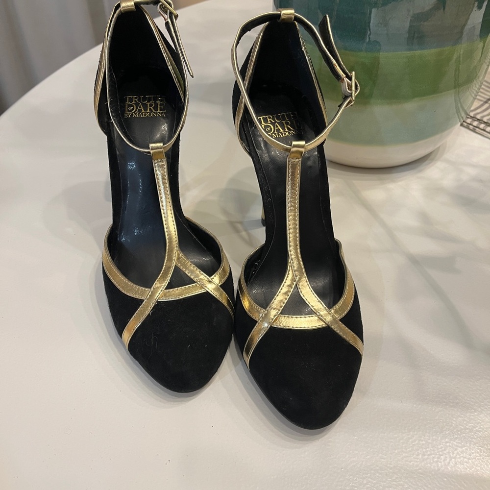 Madonna Black and Gold Heels with T-Strap Design